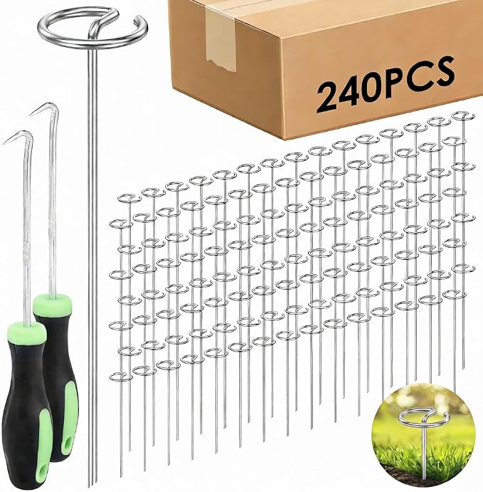 240 Pcs Landscape Fabric Pins 6 inch, Thickened 8 Gauge Circle Top Garden Stakes, Landscape Staples Pins with 2 Puller Hooks for Tent Weed Barrier Fabric Plant Cover Landscape Pins Stronger