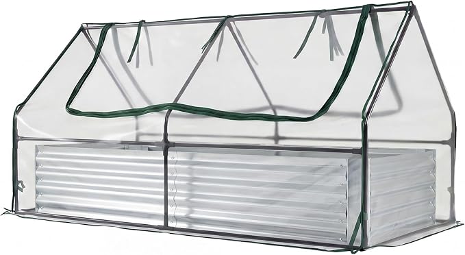 HAPPYGRILL Raised Garden Bed with Cover, Galvanized Metal Planter Box Kit w/2 Large Zipper Mesh Screen Windows, Outdoor Raised Beds for Gardening, Flowers, Vegetables (Silver)