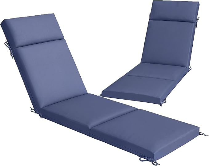 Outsunny Outdoor Chaise Lounge Cushions Set of 2, Chaise Lounge Cushions with 6 Ties, High-Density Foam, 72 x 21.1 x 2.6 Inch Water-Repellent and UV-Resistant for Patio, Poolside, Navy Blue