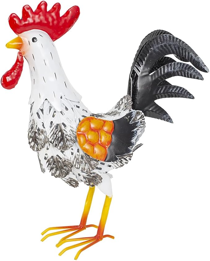 Metal Rooster Garden Statue, 12'' Funny Chicken Outdoor Statue Yard Art Decor, Waterproof Lawn Ornaments for Garden, Lawn, Farmhouse (White)