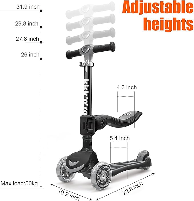 Kicknroll 3-Wheel Scooter for Kids Ages 3-12 with Light-Up Wheels, Folding Design, Adjustable Height, Extra Wide Deck (110 lbs Max)