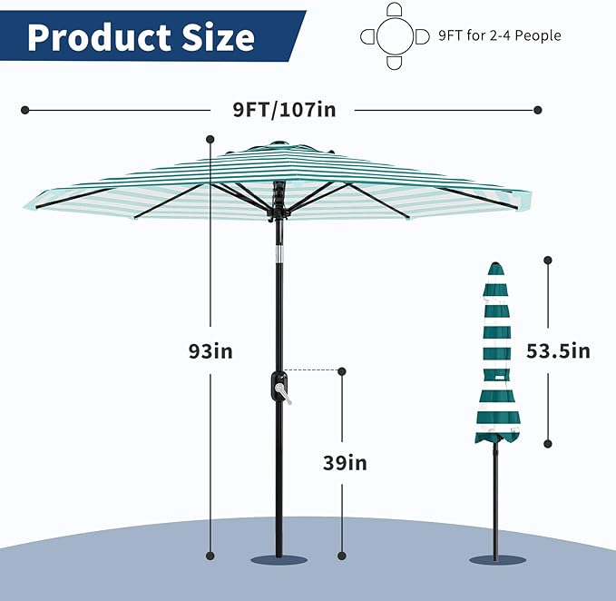 Garvee 9FT Outdoor Patio Umbrella 8 Sturdy Ribs Outdoor Table Umbrella with Crank Lift & Push Button Tilt UV Protection Waterproof Market Umbrellas for Pool Deck Yard, Turquoise & White Stripes