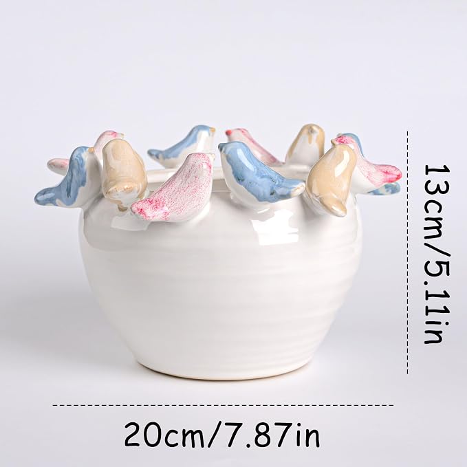 ZSHAWN Stoneware Planter with Colorful Birds on Rim, Reactive Glaze Decorative Flower Pot for Indoor Plants, Vintage Cottagecore Bird Planter, Ceramic Pot for Succulents, Tabletop Home Décor Accent