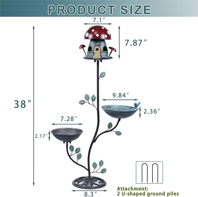 38" H Cast Iron Pedestal Bird Bath, BirdBaths for Outdoors with Metal Birdhouse Birdfeeder 3-in-1, Garden Yard Lawn Decor
