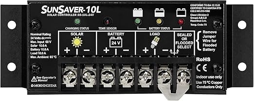 Morningstar SunSaver 10A PWM Solar Charge Controller (SS-10L-24V) - Solar Panel Regulator for 24V Batteries, Four Stage Battery Charging, LVD, HazLoc Rated, Low Noise, 5 Year WTY - Designed in the USA