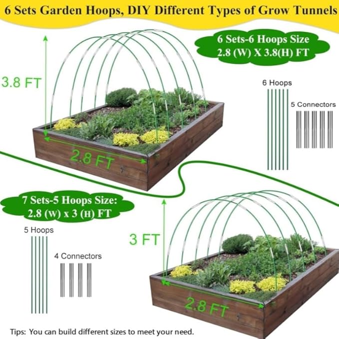 Garden Netting Kit for Raised Beds, 10x30FT Ultra Fine Mesh Netting, 36pcs Greenhouse Hoops 8ft Tunnel, Detachable Hoop House Frame for Row Cover, Bird Netting, Plant Covers