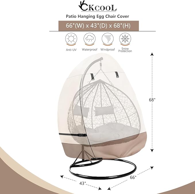 okcool Patio Hanging Egg Chair Cover, Waterproof Heavy Duty Outdoor Double Seat Swing Egg Chair with Stand Cover(Beige & Brown, 66″W x 43″D x 68″H)