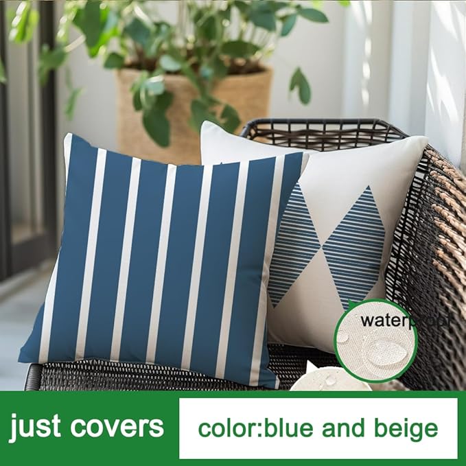 RABUSOFA Outdoor Pillows Waterproof,18x18 inch Blue and White Boho Set of 4 for Patio Furniture,Sunbrella Outdoor Pillow Covers(2B-18) (18"x18")