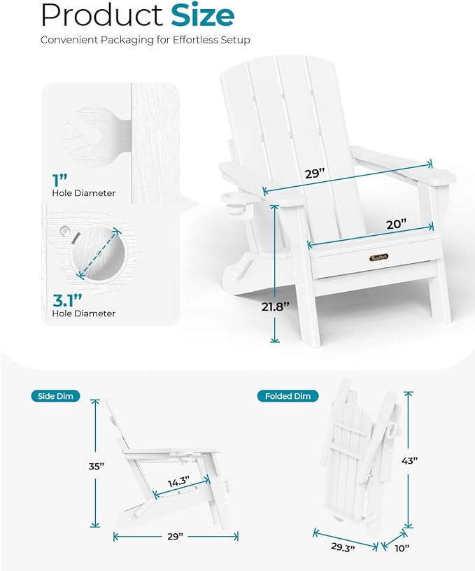 Folding Adirondack Chair, HDPE All-Weather Fire Pit Chairs, Plastic Adirondack Chairs with 2 Cup Holder, Outdoor Lawn Chair for Patio Garden (White)