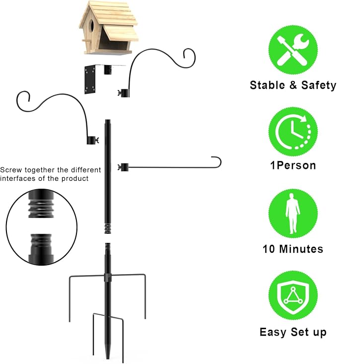 Bird Feeder Pole 118 Inch Outdoor Bird House Mount Kit | Easy bolt assembly without extra hardware,Squirrel Proof Baffle,Heavy duty sturdy metal structure