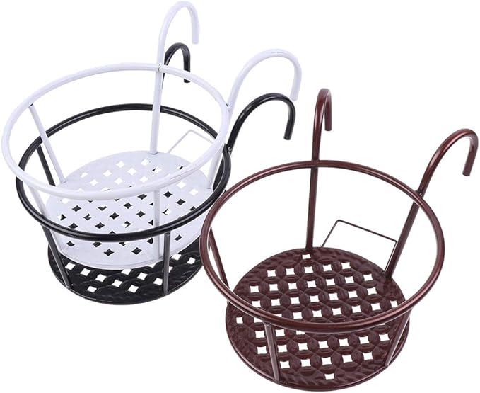 Hanging Railing Planters Baskets Art Hanging Flower Stands Balcony Flower Pot Holders Plant Iron Racks Fence Metal Potted Stand Mounted Balcony Round Plant Basket Shelf Container Box,Garden Steel Pots