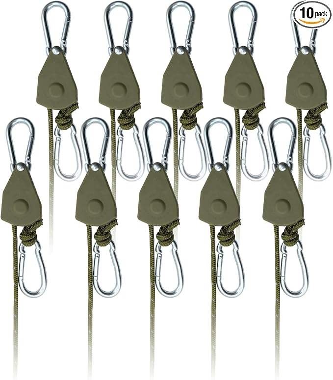 10Pack Retractable Ratchet Tie Down Straps, 13 Ft 1/8” Adjustable Rope Hanger, Heavy Duty Ratcheting Pulley System with 2 Carabiner Hook, for Xmars Decorations, Hanging Plants, Grow Lights