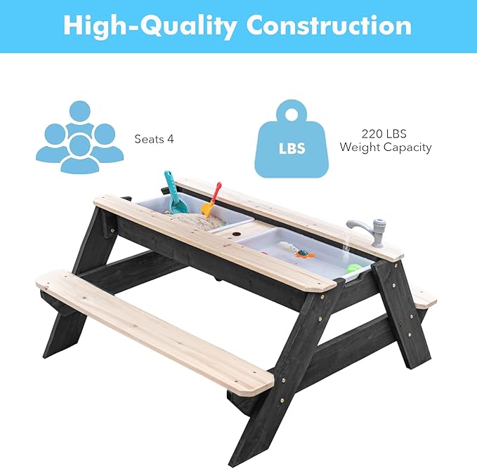 Kids 3-in-1 Sand & Water Table, Wood Outdoor Convertible Picnic Table w/Umbrella, 2 Trays, Removable Top with Faucet, Picnic Table for Outdoor Playset (Black/Orange)