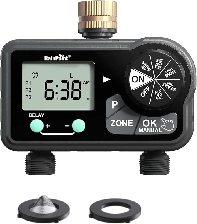 RAINPOINT 2 Zone Water Sprinkler Timer, Digital Programmable Irrigation Timer with Rain Delay & Manual Mode, Automatic Watering Controller for Lawn, Yard & Soaker Hose