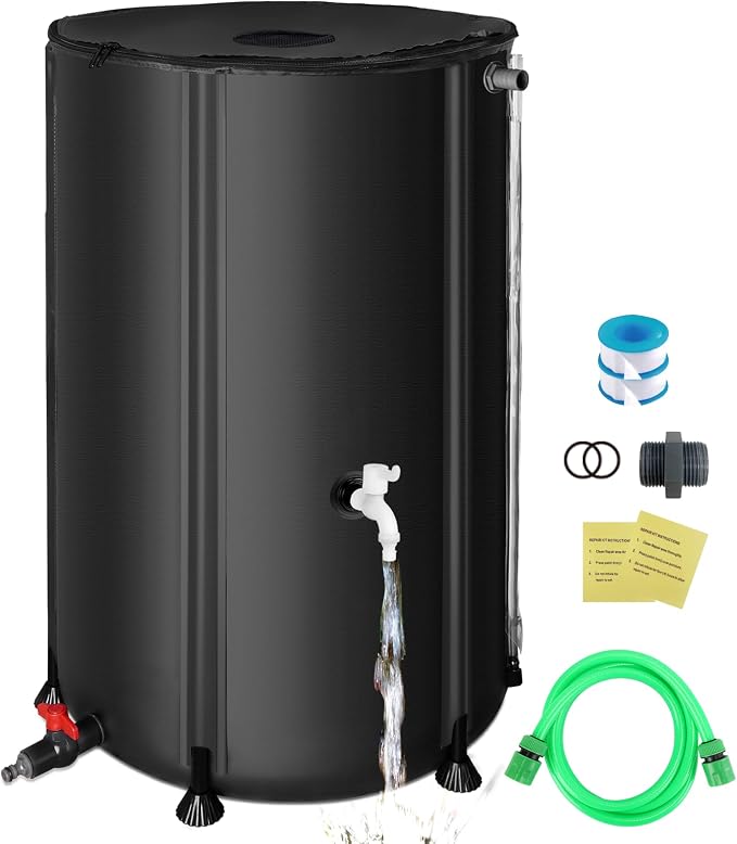 SKM Collapsible Rain Barrel, PVC Rain Water Collection System and Water Tank for Outdoor/Garden/Lawn, Portable Rain Water Collection Barrel Container with Spigots & Overflow Kit, 100Gallon, Black