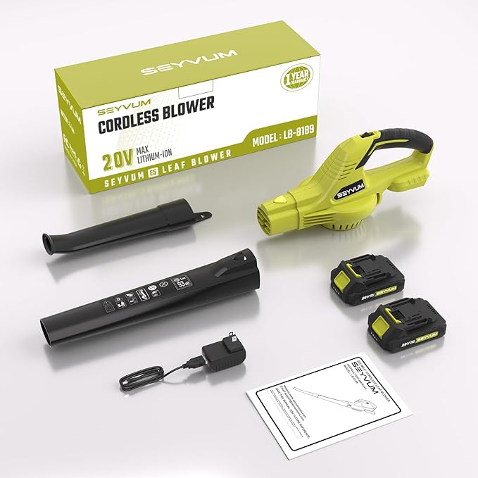 SEYVUM Leaf Blower, 20V Cordless Blower with 2 x 2.0Ah Battery, Electric Leaf Blowers for Lawn Care, 320 CFM 150 MPH Battery Powered Leaf Blower, for Patio, Garden Cleaning, Light Lemon Green