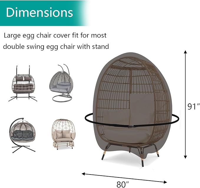 FLYMEI Egg Chair Cover Waterproof Double Egg Chair Covers for Outdoor Furniture 420D Patio Hanging Swing Chair Cover 91x80 inches, Black