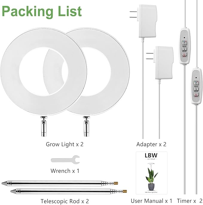 LBW Plant Grow Light, 72 LEDs Full Spectrum Grow Lights for Indoor Plants, Large Plant Lamp with 4 Dimmable Levels, 4/8/12H Auto Timer, Height Adjustable, Halo Growing Lamp for Tall Plants, 2 Pack