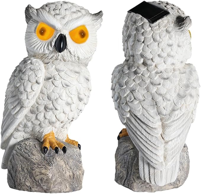 1 KINGO Fake Owl Decoy with LED Eyes & Ultrasonic Deterrent, Scarecrow Owl Decoys to Scare Birds Away, Bird Deterrents for Outside, Solar Powered Bird Repellent Devices Outdoor, Resin Garden Statues
