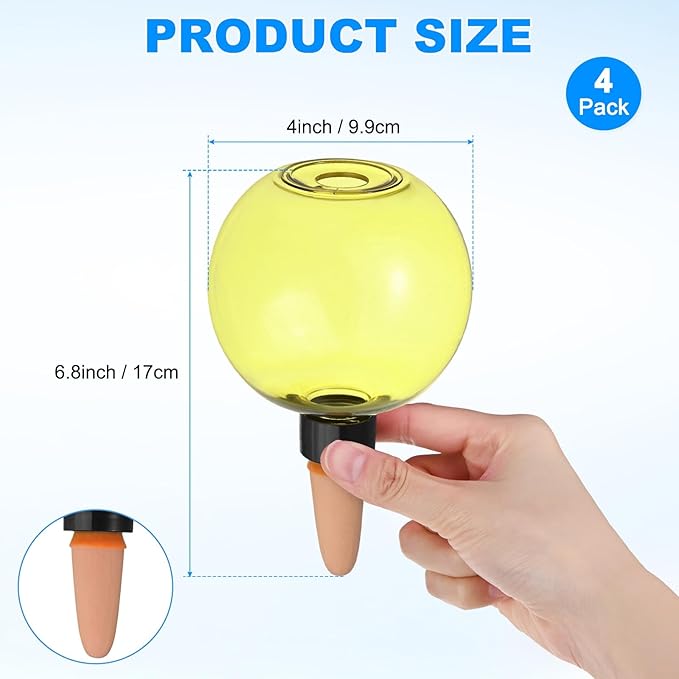 M METERXITY 4-Pack Plant Self Watering Globes, 6.7 oz Plastic Bubble Water Bulbs Top Fill for Indoor/Outdoor Plants, Self Watering Spikes Slow Release Terracotta [Yellow]