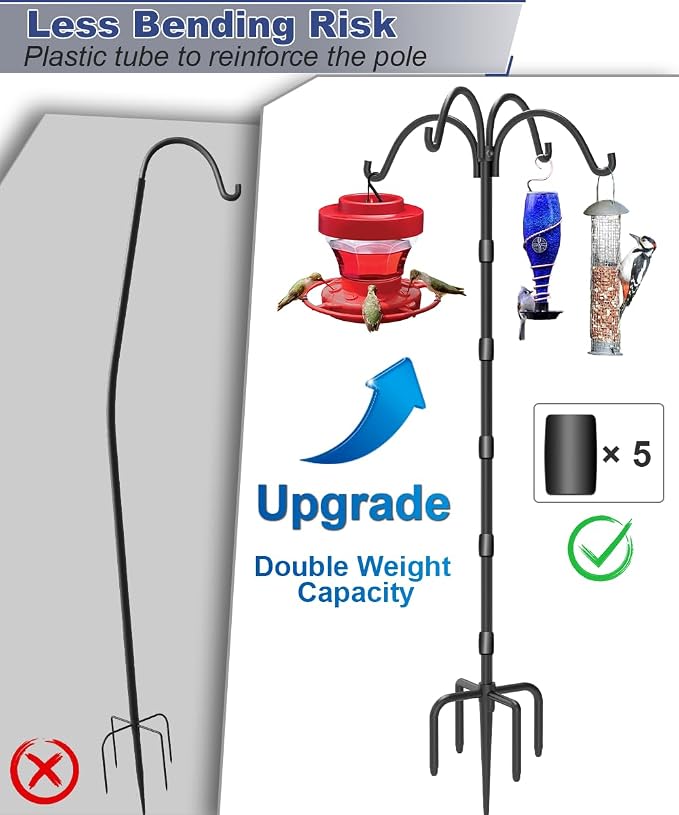 Upgrade 4-Hook Shepherds Hooks for Outdoor with Plastic Tube, 92" Heavy Duty Bird Feeder Pole with 5 Prongs Base, Adjustable Garden Hook for Solar Light, Hanging Plant, Wedding Decor, 1 Pack