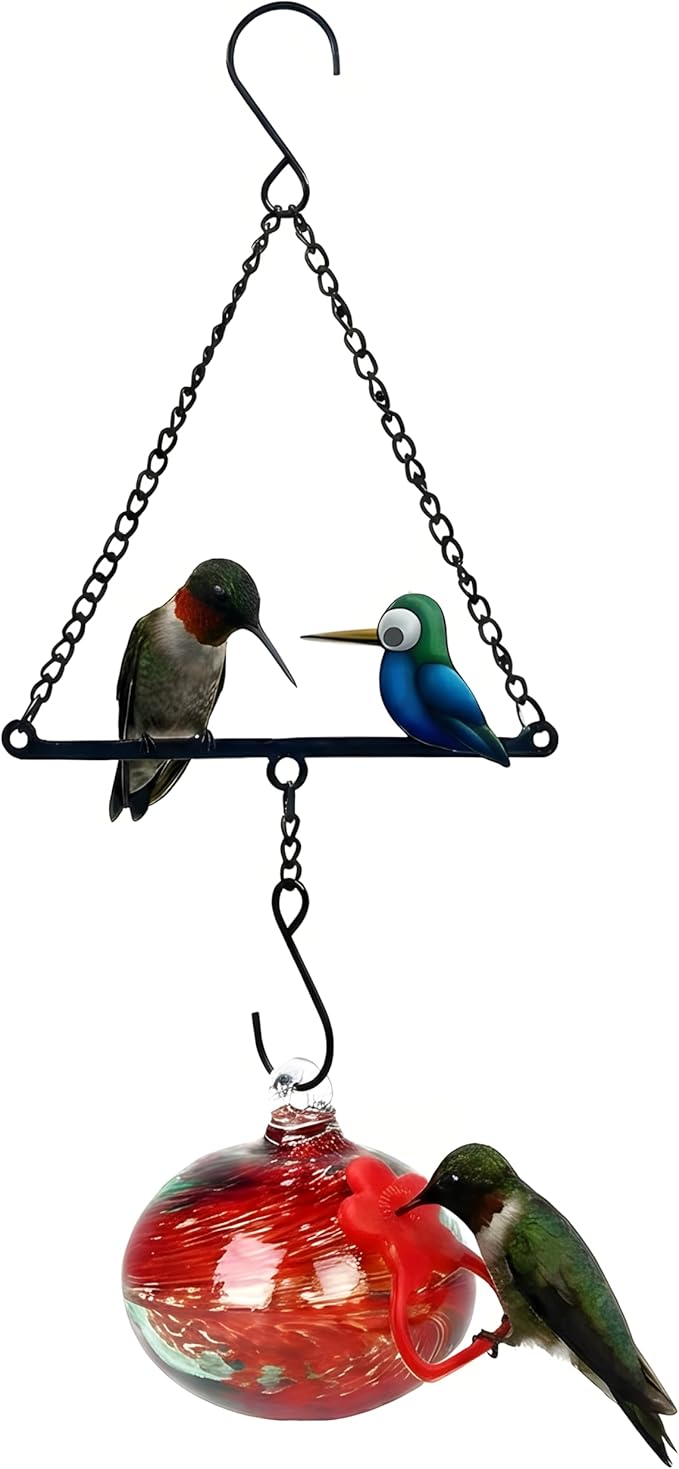 Headak Life Hummingbird Feeder for Outdoors Hanging,Metal Hummingbird Swing with Hand Blown Glass Hummingbird Feeder,Artistic Bird Perch & Garden Decor, Unique Gardening Gifts for Women(Red)