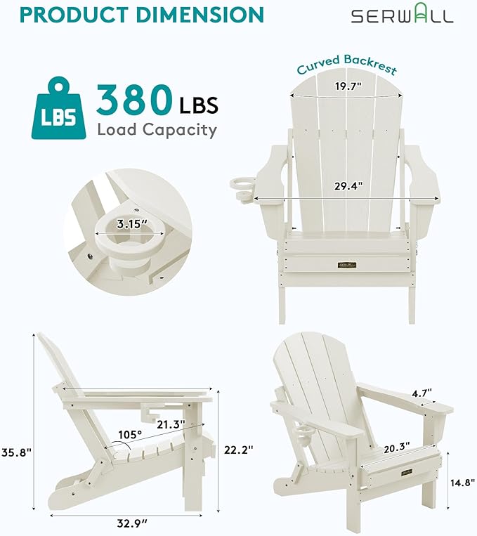 SERWALL Folding Adirondack Chair - HIPS Adirondack Chairs Outdoor Chairs Weather Resistant Fire Pit Chairs- White