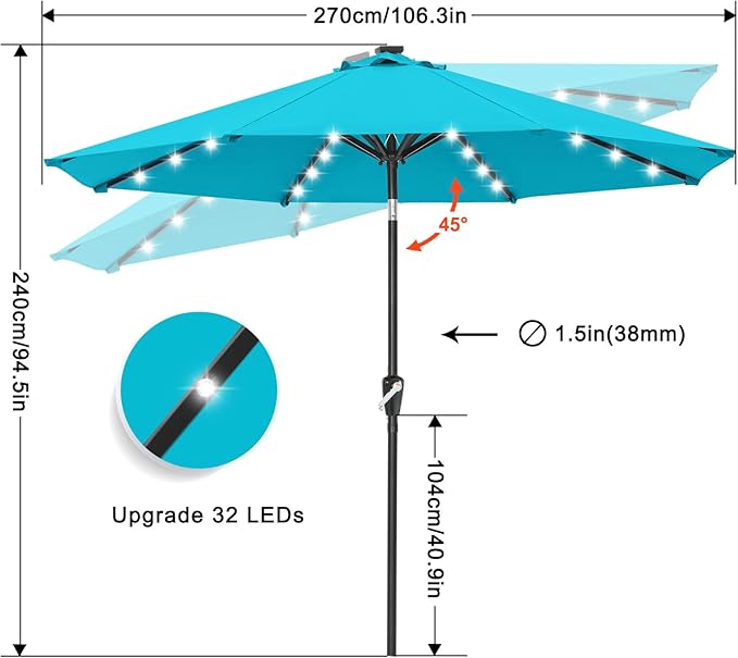 ABCCANOPY Durable Solar Led Patio Umbrellas with 32LED Lights 9FT (Lake)