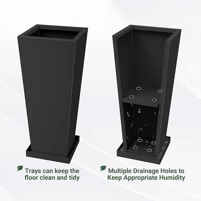 Metal Tall Outdoor Planters Set of 2, 26 inch Durable Tall Planters with Rust-Proof Coating & Drainage Insert Shelve & Trays, Black Outdoor Planters for Porch, Garden, Patio, Yard