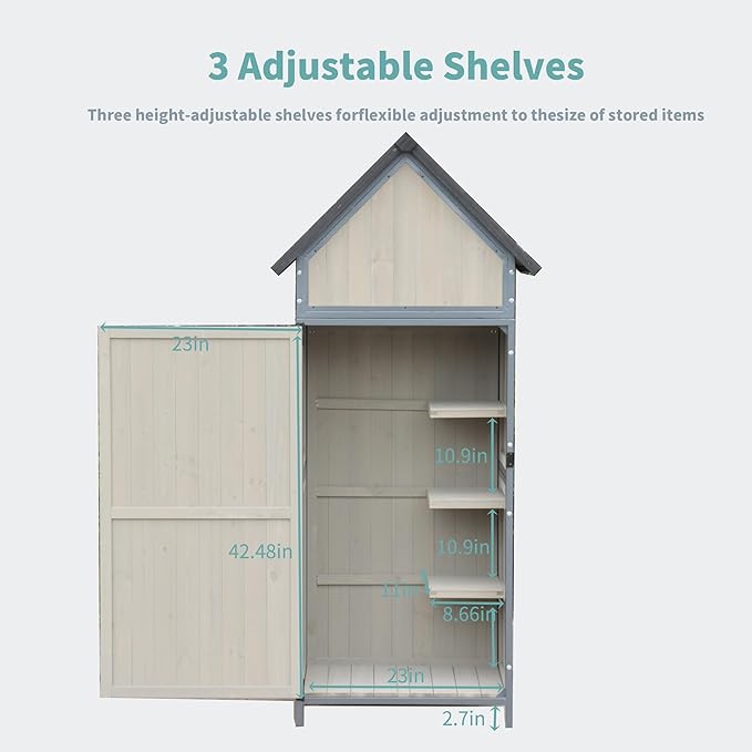 Outdoor Storage Shed with Floor, 68" Tall Wooden Garden Tool Cabinet, Metal-Framed Outdoor Tool Shed with Adjustable Shelves, Vertical Storage for Yard and Patio