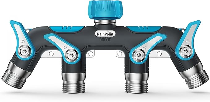 RAINPOINT 4 Way Garden Hose Splitter, 100% Metal Heavy Duty Water Hose Splitter with Individual Shut-Off Valves, 3/4" GHT High Flow Outdoor Faucet Splitter, 1.81" Extra Long Handle (Blue)