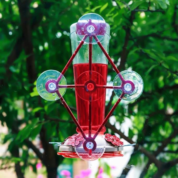 Window Hummingbird Feeder with 5 Strong Suction Cup 32 Ounces Colorful Hand-Blown Glass Hummingbird Feeder for Outdoor Patio Hanging Windows Mount (Transparency)