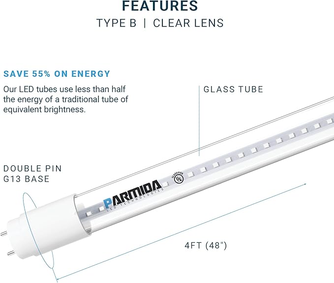 PARMIDA 20-Pack 4FT LED T8 Ballast Bypass Type B Light Tube, 18W, UL-Listed for Single-Ended & Dual-Ended Connection, 2200lm, Clear Lens, T8 T10 T12, UL, FCC - 6000K