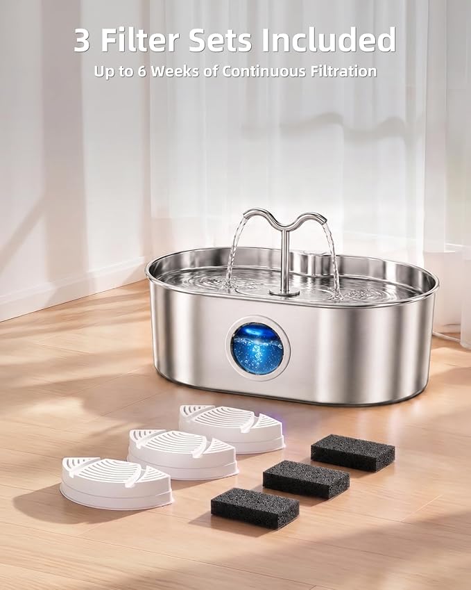 Dog Water Fountain, 270 oz / 2 Gallon / 8 L Stainless Steel Water Fountain for Indoor Multi-Pet Homes, Automatic Water Dispenser for Dogs & Cats, 3 Filters & Sponges Included