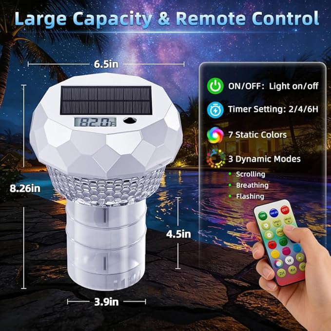 Ketom Solar Pool Chlorine Floater with Thermometer - Remote Control Floating Chlorine Dispenser with RGB Waterproof Pool Light Chlorine Tablet Floater 3 inch for Outdoor Swimming Hot Tub Spa
