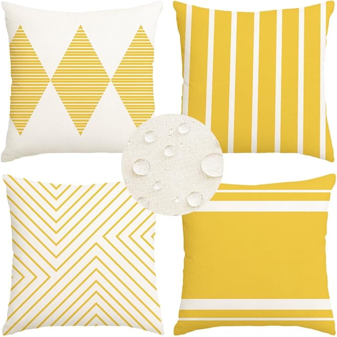 RABUSOFA Yellow and White Outdoor Pillows Waterproof,18x18 inch Boho Summer Outdoor Pillow Covers Set of 4 for Patio Furniture Sunbrella (2Y-18) (18"x18")