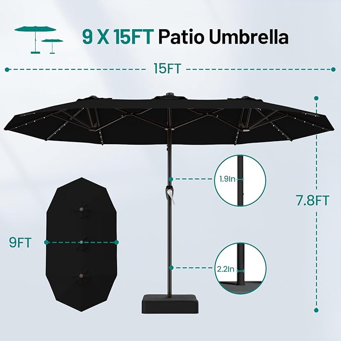 AreShark 15FT Patio Umbrella with Solar Lights, Double Sided Outdoor Table Umbrellas with Crank, Large Rectangular Market Umbrella for Porch, Lawn, Pool, Backyard, Black