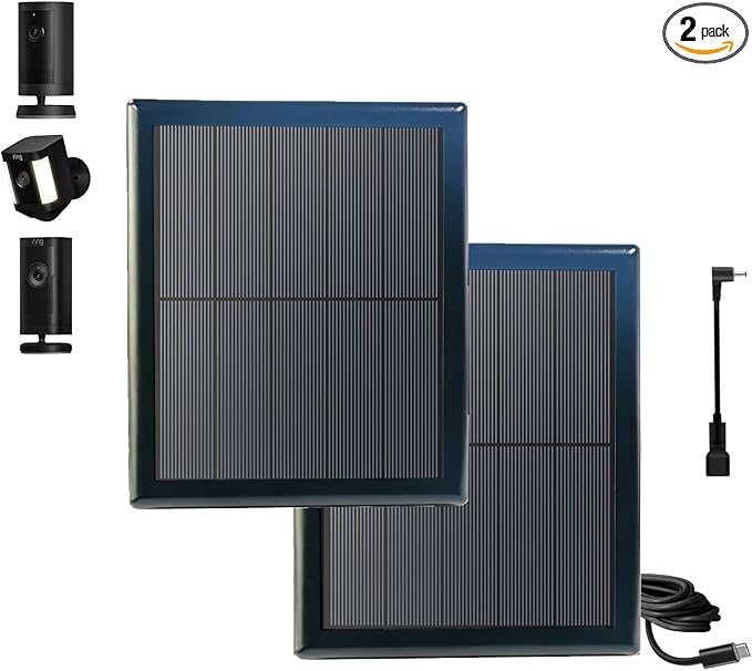 2 Pack 8W Solar Panel for Ring Camera,Solar Panel Charger for Rings Spotlight,Solar Charger for Ring Doorbell,Solar Panel for Security Camera,10ft Long Cable with USB-C to Ring Barrel Plug Adapter