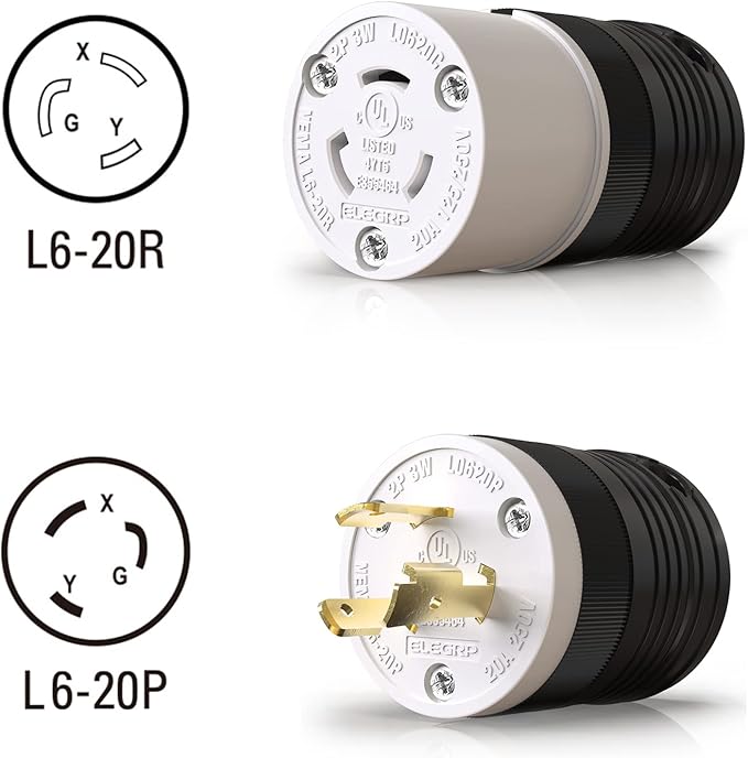 ELEGRP NEMA L6-20R Locking Connector, Generator Twist Lock Adapter Connector, 20 Amp 250V 2 Pole 3 Wire Grounding, Industrial Grade Heavy Duty, UL Listed (1 Pack, Black/White)