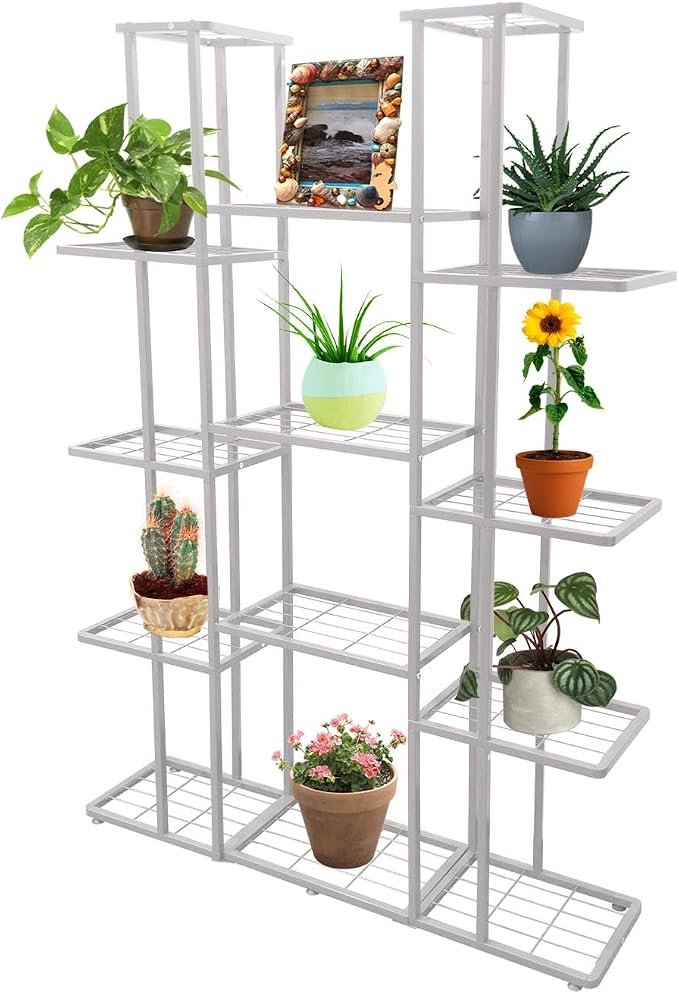 MTB Garden 5 Tier 14 Potted Metal Large Plant Stand for Indoor Outdoor Flower Pot Display Planter Shelf, White