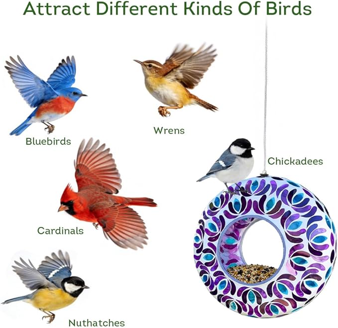 Lily's Home 8 Inches Glass Mosaic Hanging Bird Feeder for Outdoors Fly-Through Large Bird Feeder for Outdoor Garden Decor Backyard, Animals Lovers Gift, Purple and Blue