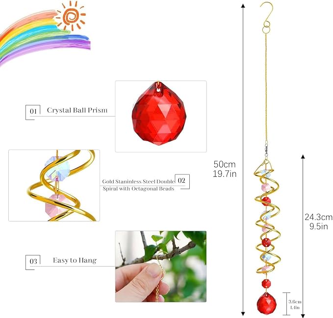 H&D HYALINE & DORA 20.5in Crystal Suncatcher Gazing Ball Spiral Tail,Wind Spinner Sun Catcher with Octagonal Beads,Sun Catchers Window Hanging for Outdoor Garden Decor