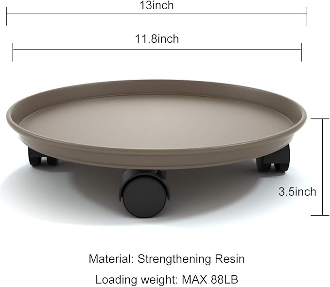 13 Inch Plant Caddy with Wheels, 2 Pack Heavy Duty Round Plant Dolly Tray, Rolling Plant Stand for Indoor Outdoor Use, Brown
