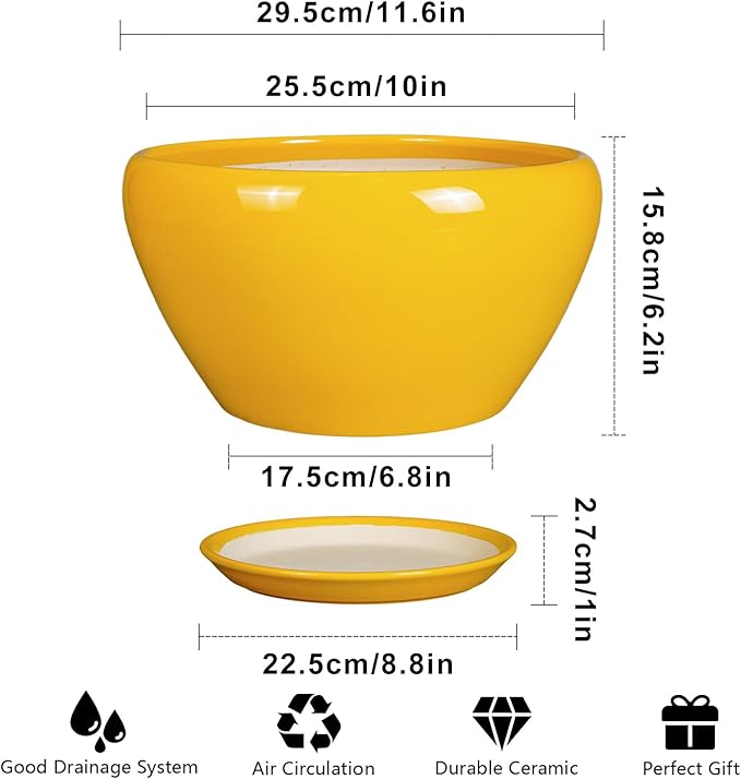 Ceramicfor Indoor Planter 11 Inch - Decorative Mid-Century Large Ceramic Plant Pot for Outdoor Plants with Drainage Hole and Saucer, Home Balcony House Garden Patio Office Room Decor, Yellow