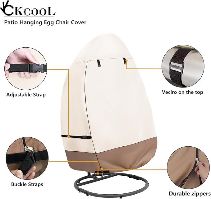 okcool Patio Hanging Egg Chair Cover, Waterproof Heavy Duty Outdoor Single Seat Swing Egg Chair with Stand Cover(Beige & Brown, Fits 45″W x 33″D x 68″H Egg Chair)
