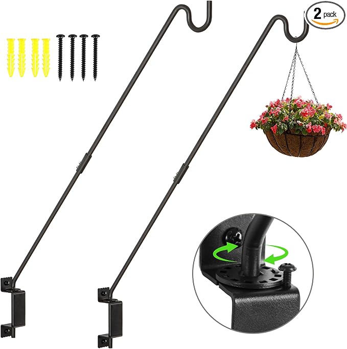 AILIN YELOKIE 32" 360° Swivel Deck Hook - Heavy Duty Solid Steel Plant Hanger, 12-Directional Adjustable Wall Bracket for Bird Feeders/Pole, Outdoor Plants & Wind Chimes, Black (2-Pack)