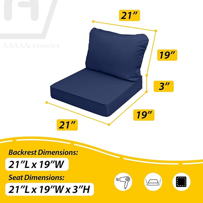 AAAAAcessories Outdoor Seat Cushions for Chairs, Fade-Resistant, Waterproof Patio Furniture Replacement Cushions, 21" x 19" x 3" + 21" x 19", Navy Blue