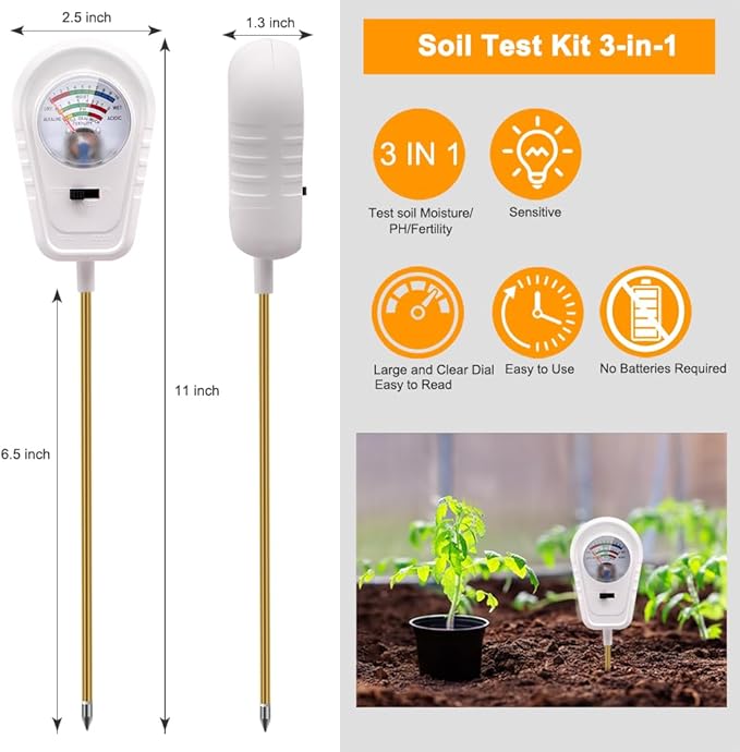 Soil Test Kit 3-in-1, Soil Moisture Meter, Soil PH Meter, Fertility Soil Tester, Soil Tester for Garden, Lawn, Farm, Outdoor & Indoor Use (Cotton Candy White)