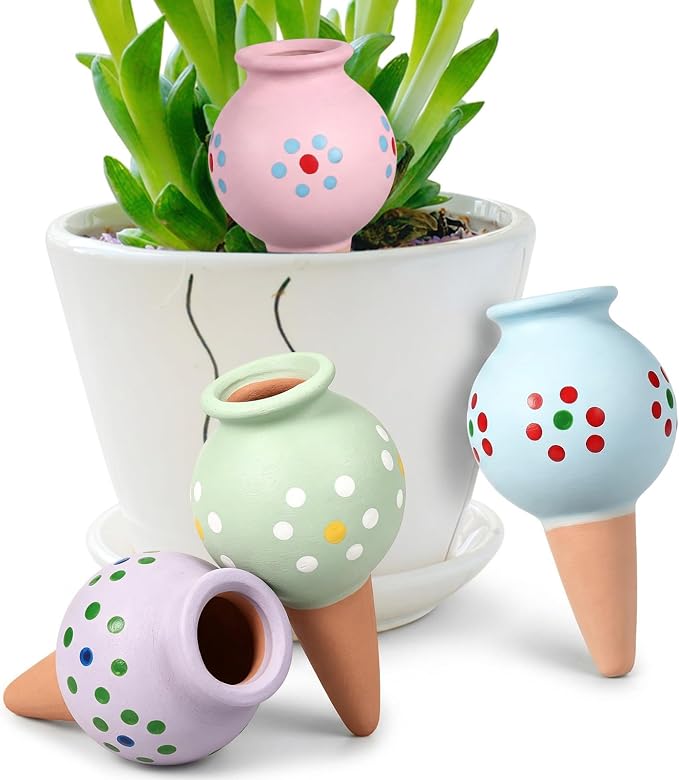 Domensi 4 Pack Terracotta Plant Watering Devices, Self Watering Spikes, Polka Dot Wine Bottle, Automatic Insert System Decorative Stakes, Cute Plant Spikes for Indoor Outdoor Plants