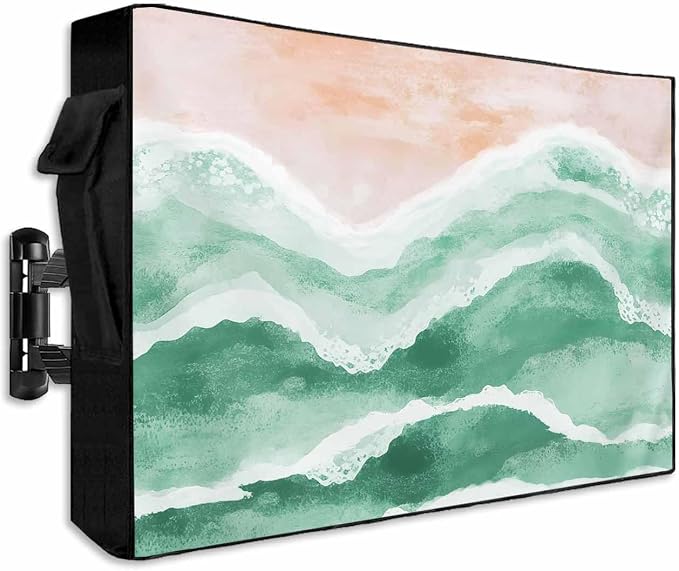 Outdoor TV Cover for Outside Flat Screen,Green Gradient Ripple Ocean 600D Thick Waterproof Weatherproof Outdoor TV Screen Protector with Zipper for 52 to 55 Inch Flat Screens Abstract Geometric Art